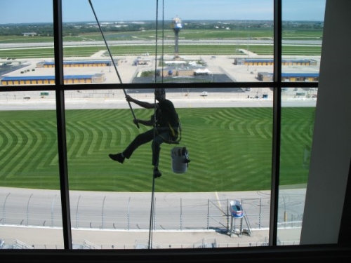 Professional window cleaner hanging outside building